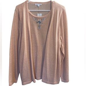 𝅺NOTATIONS Blouse Top Size XL Pink Metallic Long Sleeve Sweater Shirt Faux C…